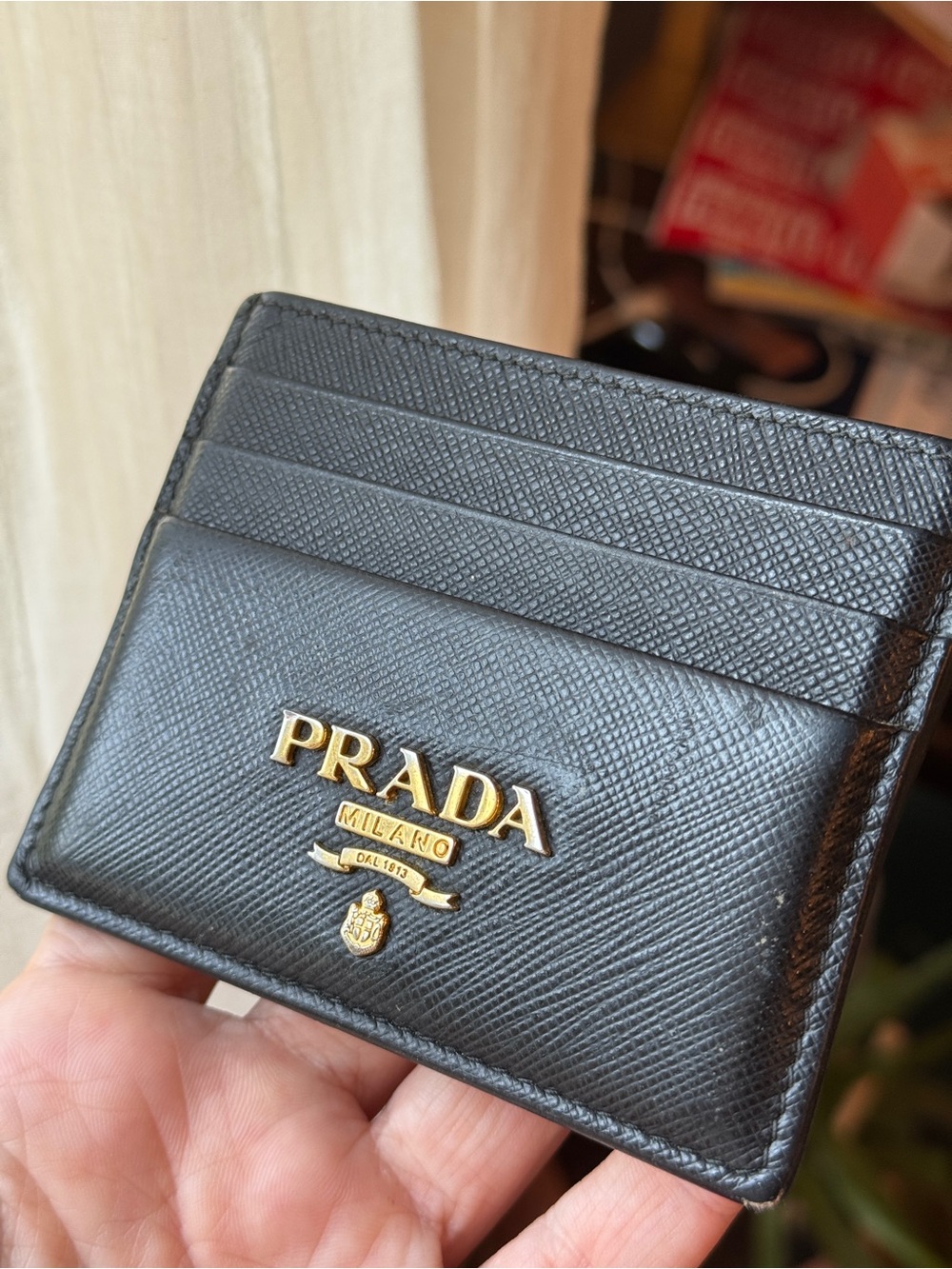 Prada Black Saffiano Leather Card Holder with Gold Logo Plaque - Picture 2 of 6